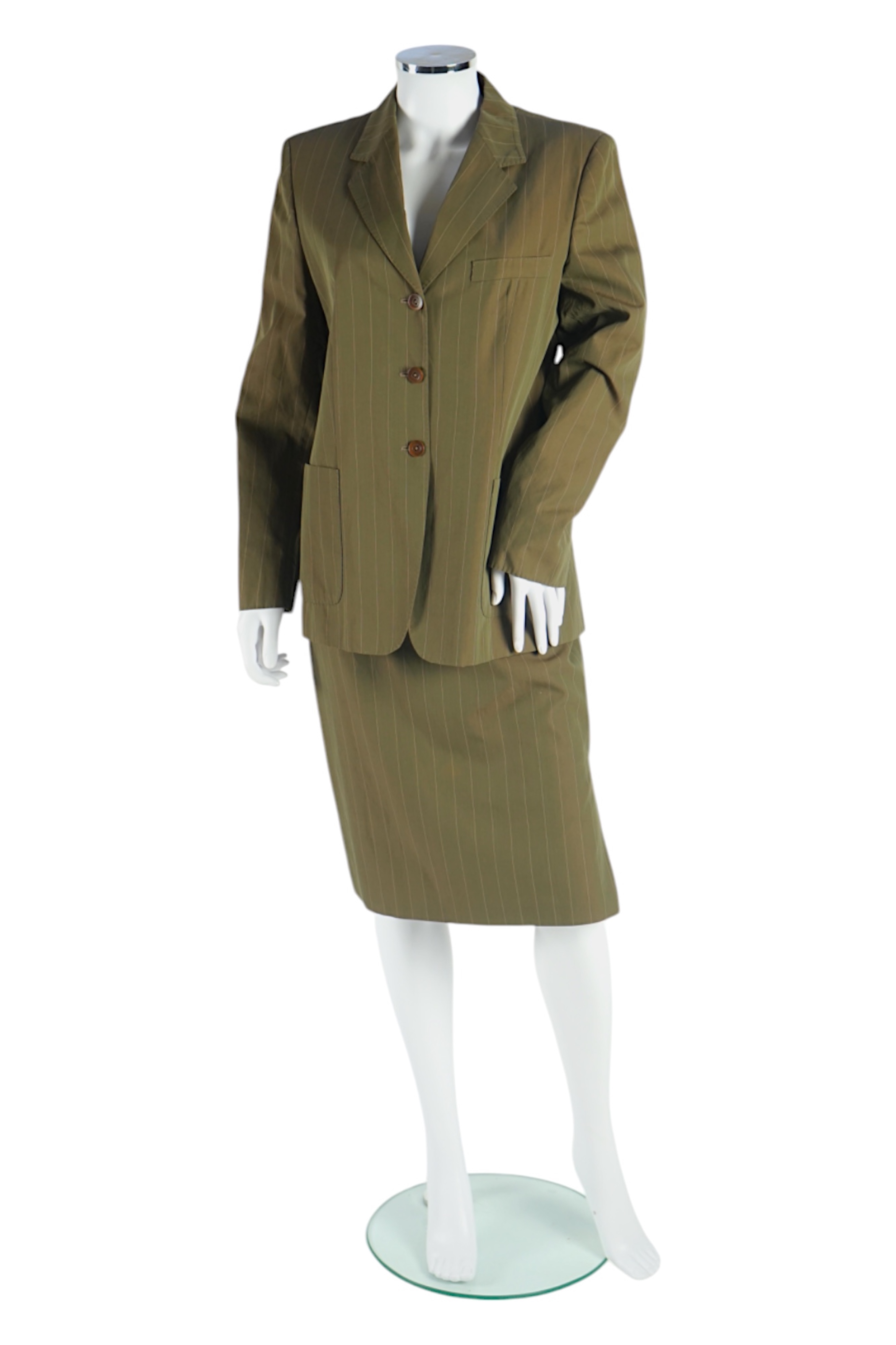 A Max Mara lady's brown pinstripe skirt suit and a Giorgio Armani camel cashmere? single breasted jacket, Suit Size 12 and jacket size EU 42